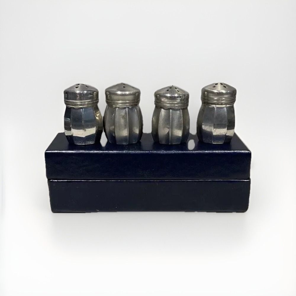 Pewter Mini Individual Salt & Pepper Shakers with Blue Box MCM Vtg Dinner Party